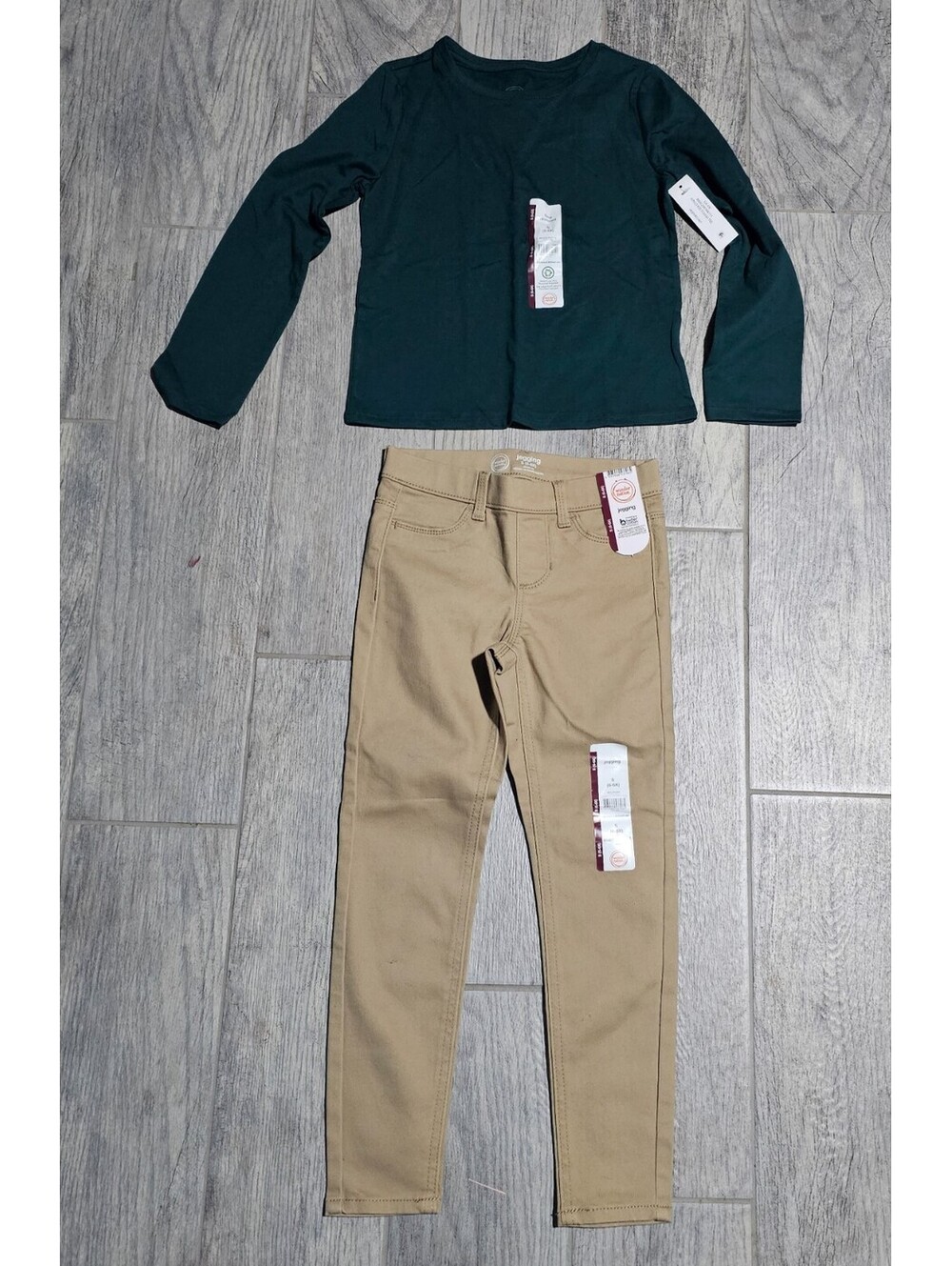 (2pc) New Girl's Wonder Nation Pants & Top Set Beige & Green Uniform Small 6 6X